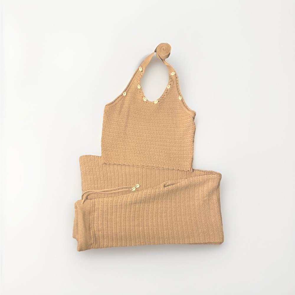 Sincerely Jules Tan Knit Halter Top & Pants Set w/ Cowry Shell Adornments